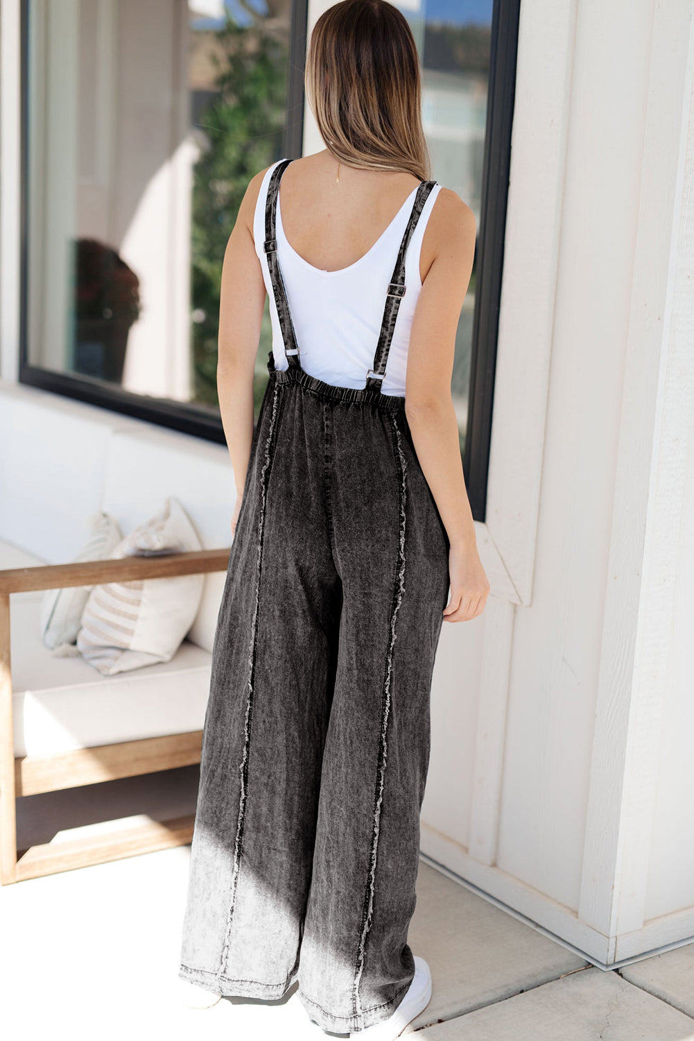 Dark Grey Light Wash Frayed Exposed Seam Wide Leg Denim Overall