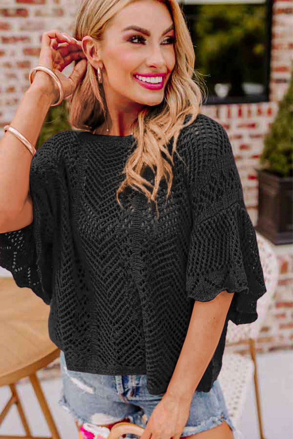 Black Pointelle Knit Scallop Edge Short Sleeve Top