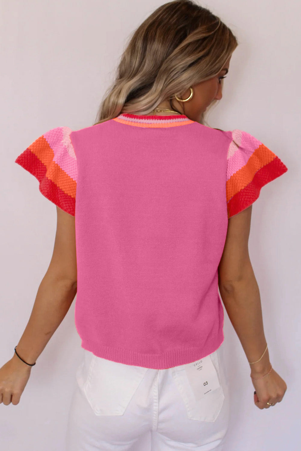 Bright Pink Contrast Flutter Sleeves Knitted Sweater T Shirt