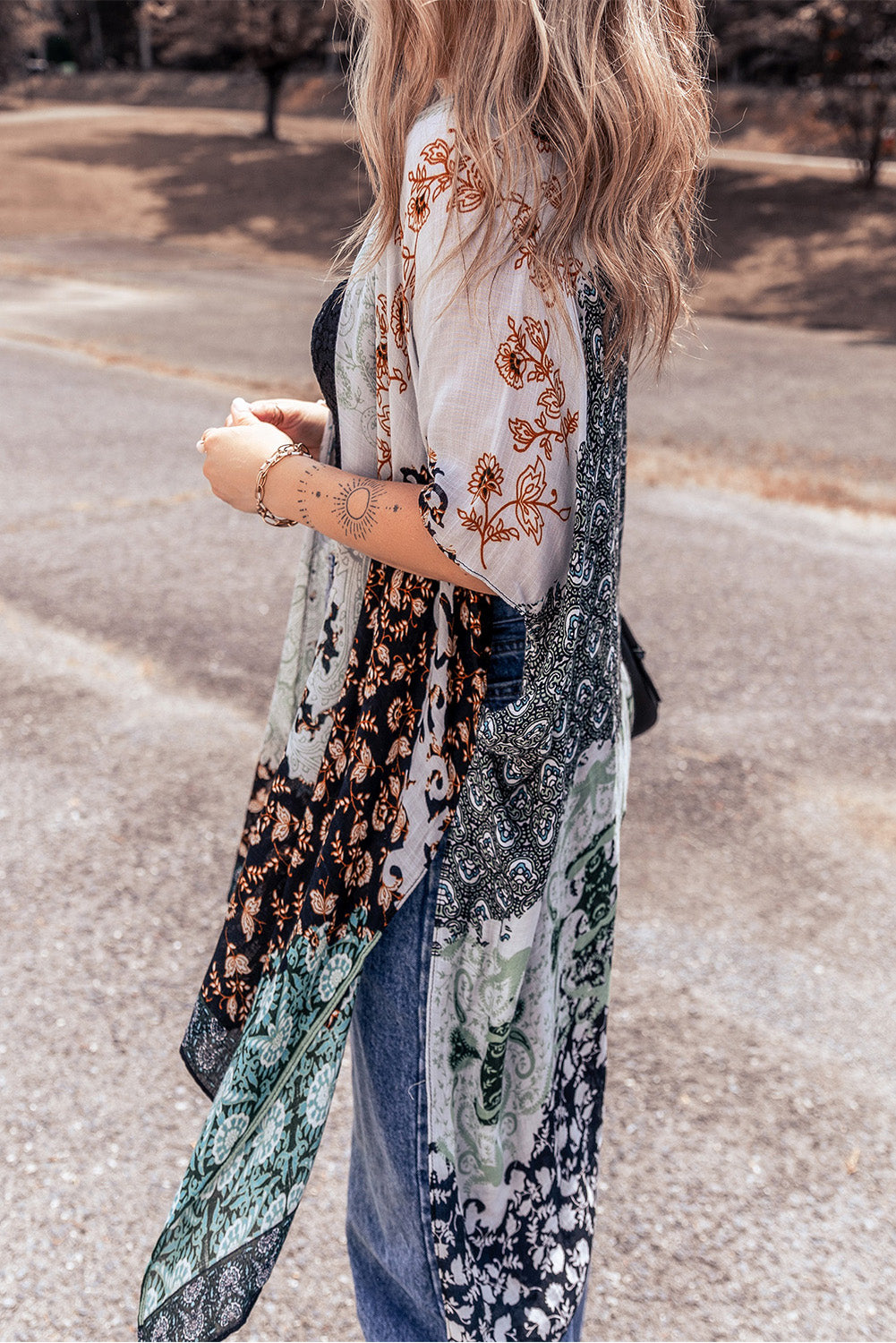 Green Boho Floral Print Irregular Hem Flowy Kimono