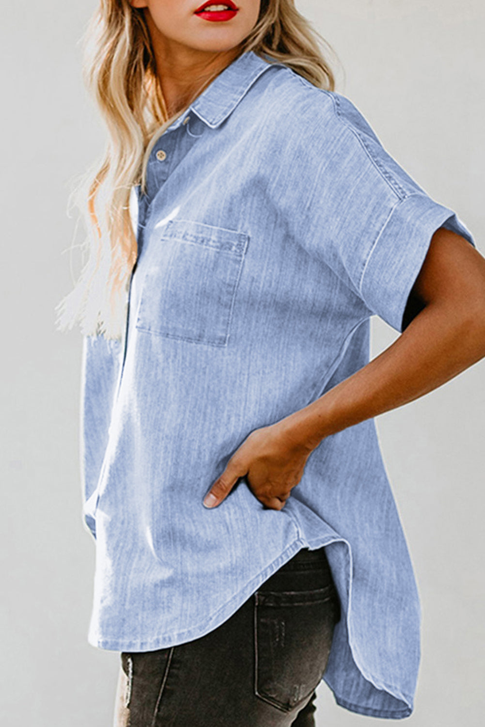 Sky Blue-3 Turn-down Collar Short Sleeve Denim Shirt