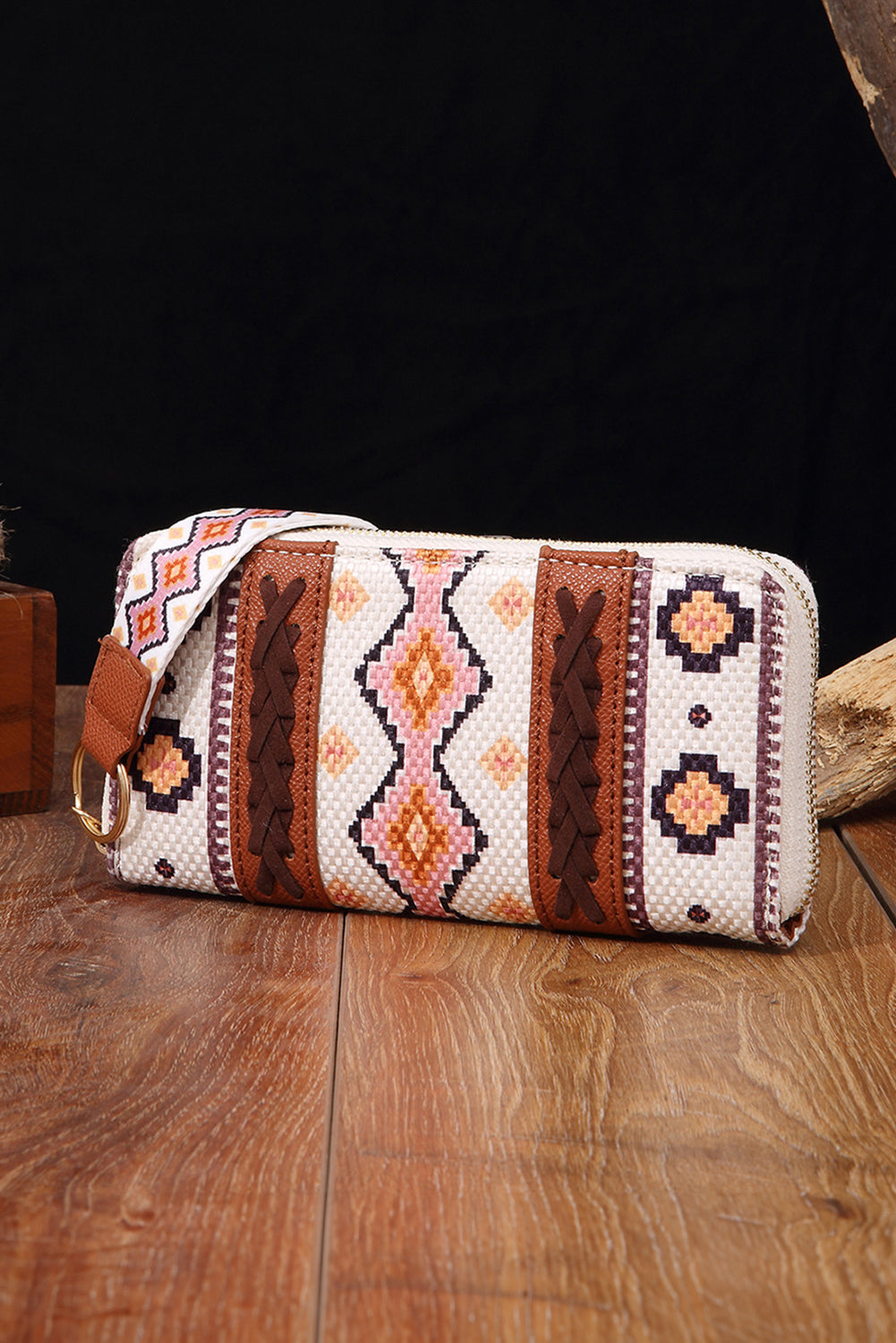 White Western Aztec Print PU Leather Wristlet Wallet