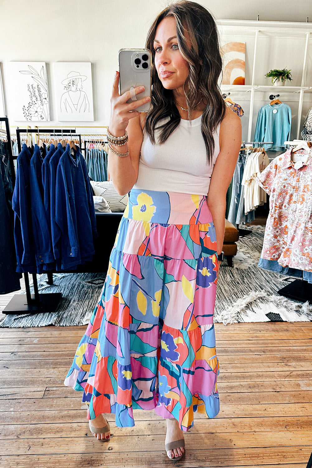 Pink Printed Pocketed High Waist Maxi Skirt