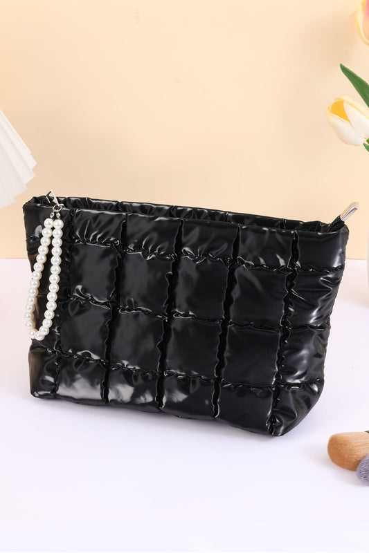 Color black PU Leather Quilted Texture Pearl Chain Zip Makeup Bag