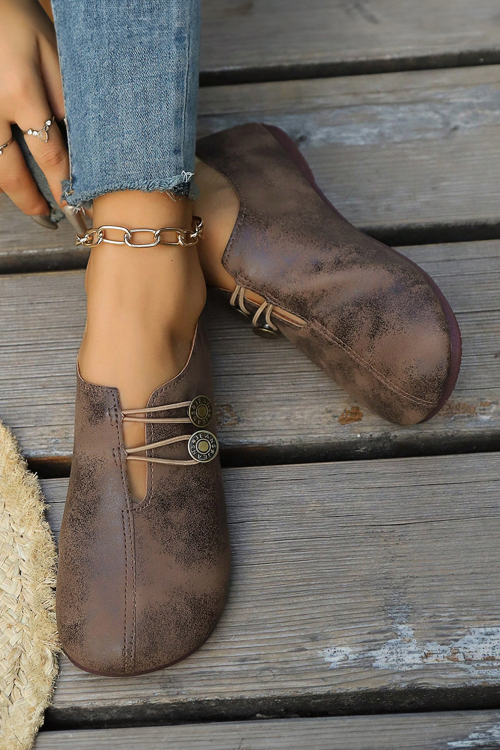 Coffee JEANS Button Detail Boho Vintage Faux Leather Loafer Shoes
