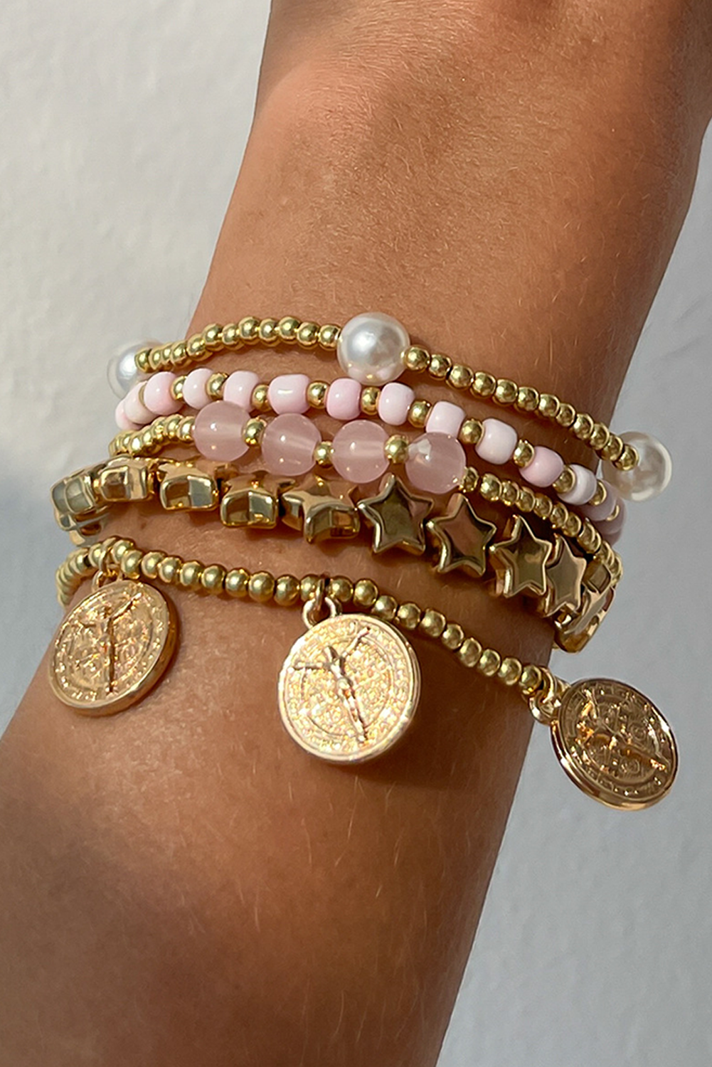 Gold Discs Pearl Stars Beaded Multi Layer Bracelet Set