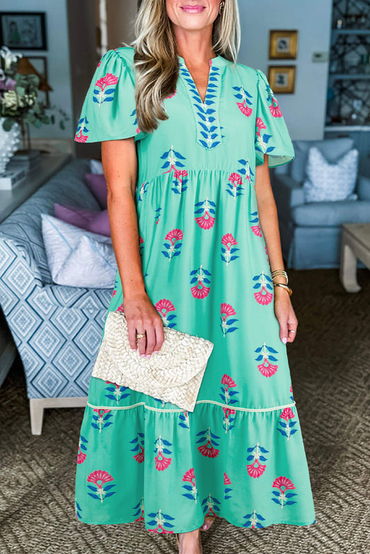 Green Floral Print Notched Neck Butterfly Sleeve Shift Long Dress