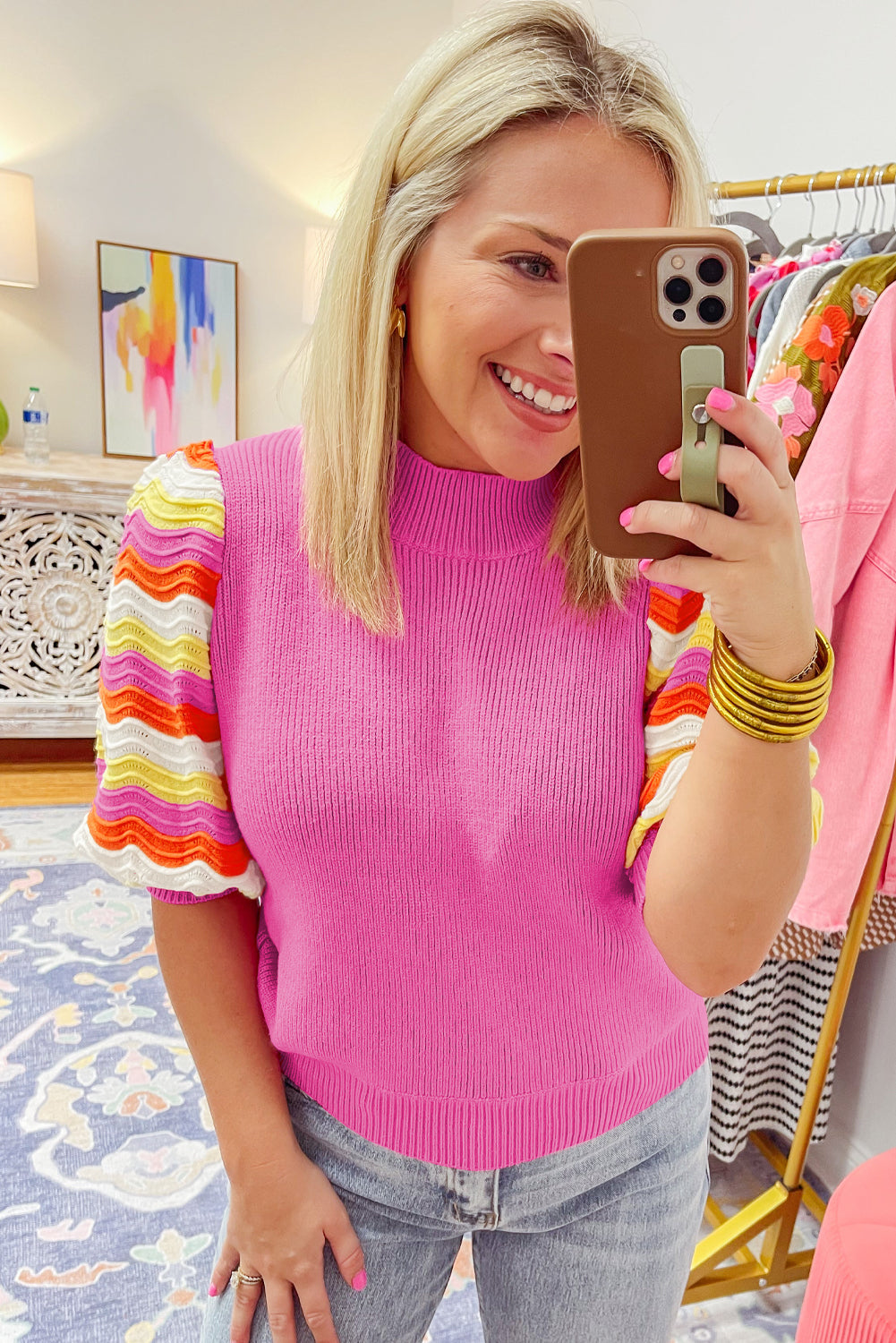 Pink Ribbed Knit Contrast Sleeve Sweater Top