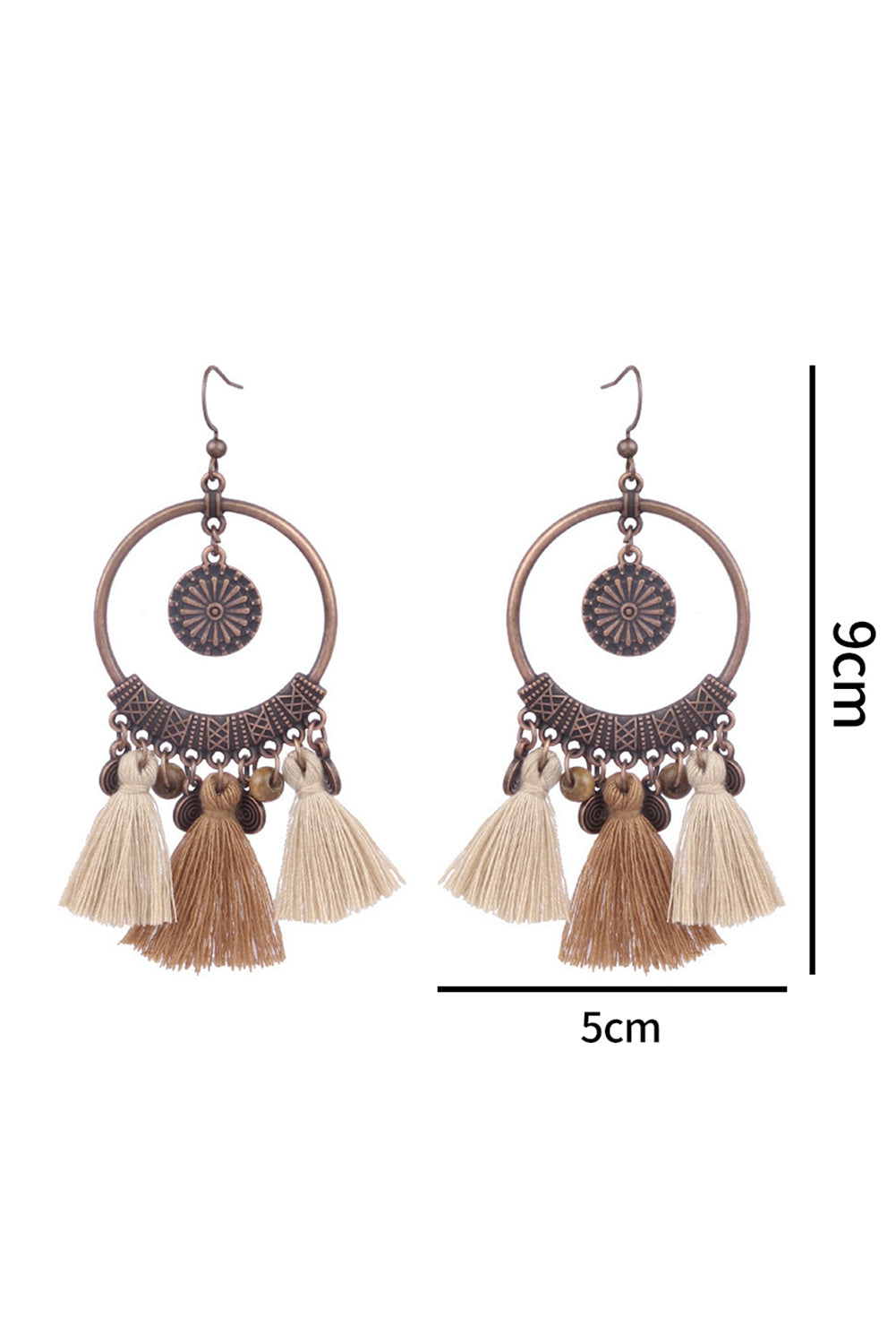 Beige Boho Round Tasseled Dangle Earrings