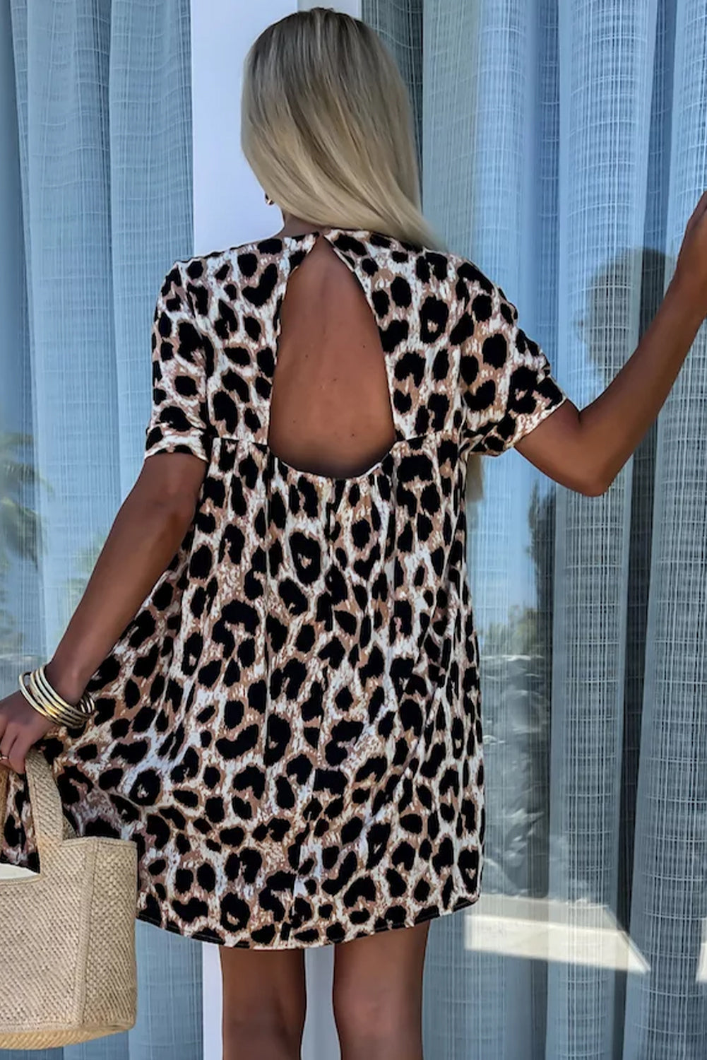 Khaki Cheetah Print Backless V Neck Loose Fit Mini Dress