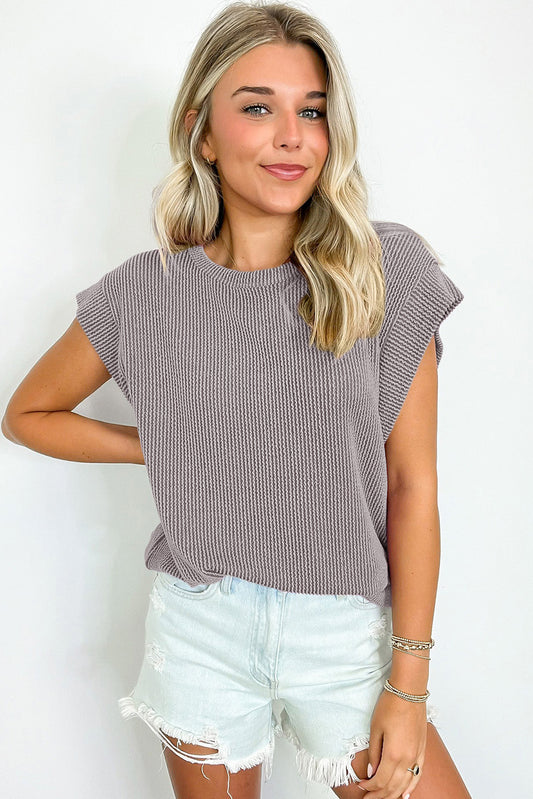 Gray Twisted Rib Wide Sleeve Crew Neck T Shirt