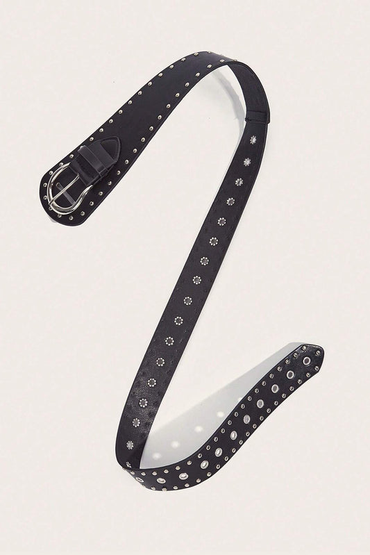Black Vintage Studded PU Leather Wide Waist Belt