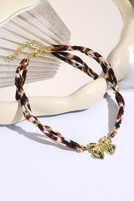Gold Plated Bow Charm Leopard Ribbon Necklace