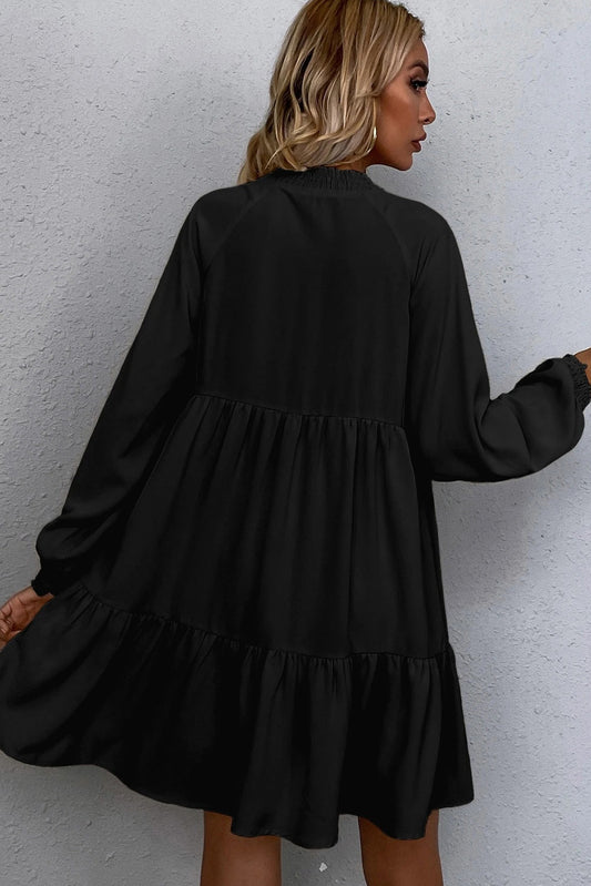 Black Tie Split Neck Smocked Detail Long Puff Sleeve Ruffle Hem Loose Dress