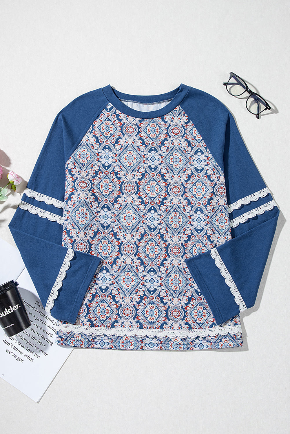 Blue Geometric Printed Lace Patchwork Ric Rac Raglan Long Sleeve Top