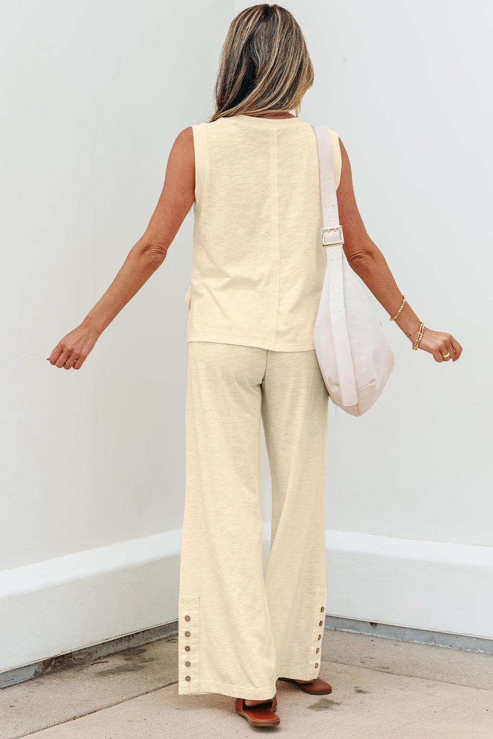 Beige Solid Color Tank Top and Smocked Waist Pants Set