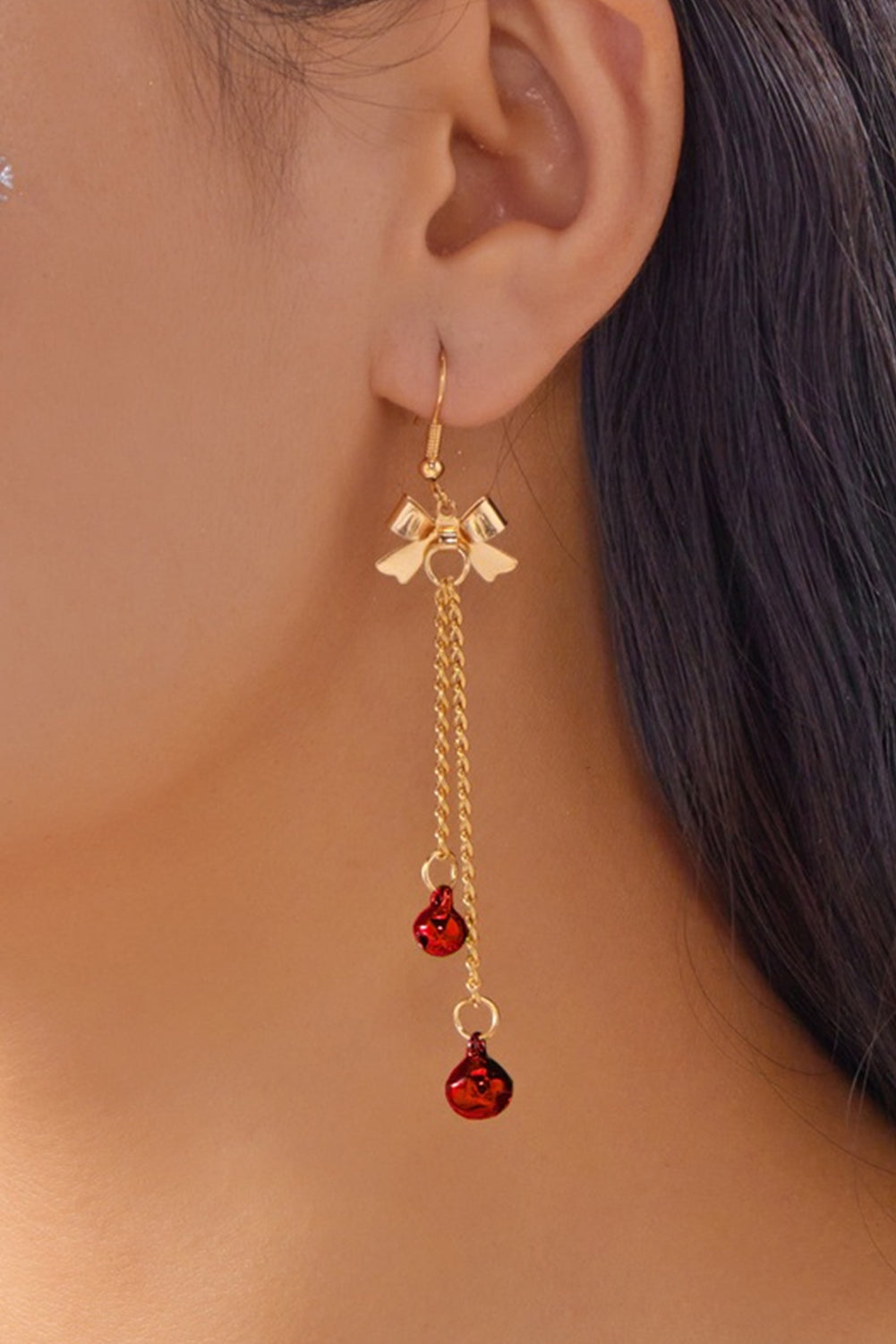 Fiery Red Jingle Bell Tassel Dangle Gold Plated Bow Hook Earrings