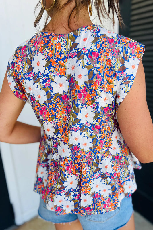 Rose Green Floral Print Bow Applique Slit Sleeveless Peplum Blouse
