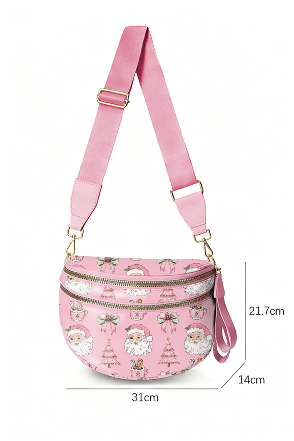 Pink Christmas Theme Double Zip PU Leather Crossbody Bag