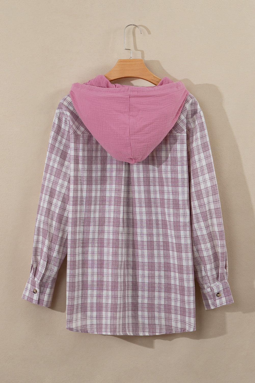 Pink Checkered Print Loose Fit Buttoned Hooded Shacket