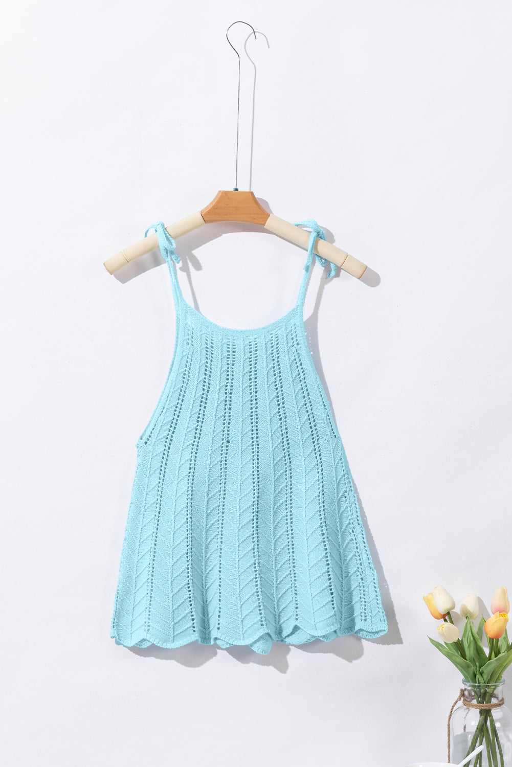 Beau Blue Tied Shoulder Pointelle Knit Tank Top