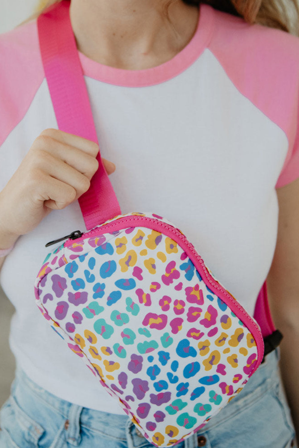 Rose Red Leopard Print Zipper Wide Strap Sling Bag