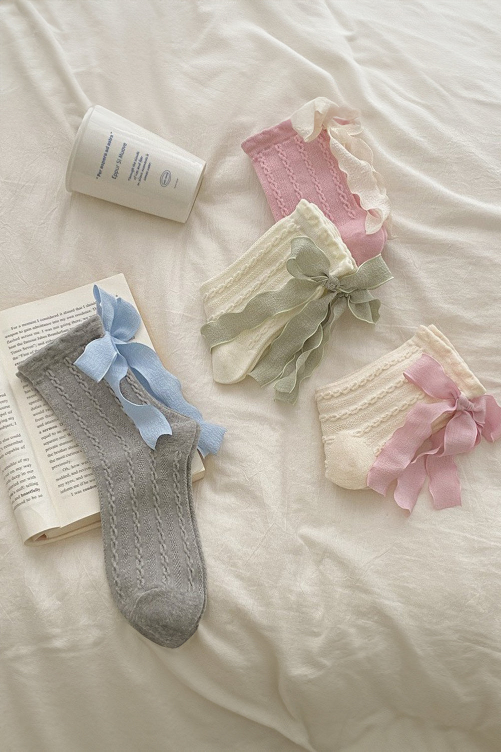 Pink 5 Pairs Contrast Ribbon Bow Decor Textured Knit Socks