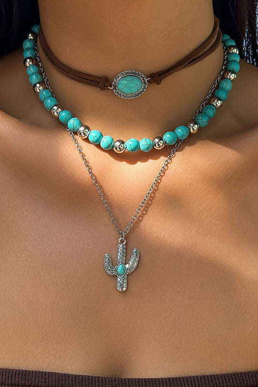 Turquoise Beading Cactus Charm 3pcs Layered Necklace