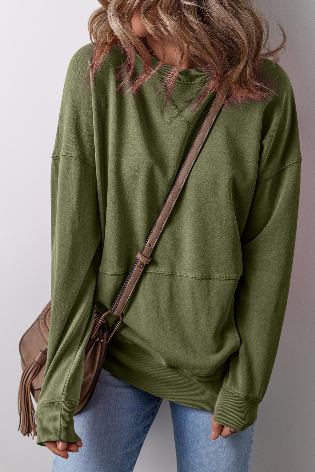 Vineyard Green Drop Shoulder Crisscross Stitching Pocketed Loose Sweatshirt