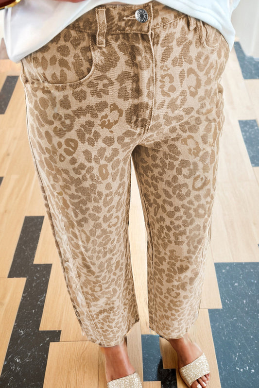 Khaki Leopard Print Straight Loose Jeans