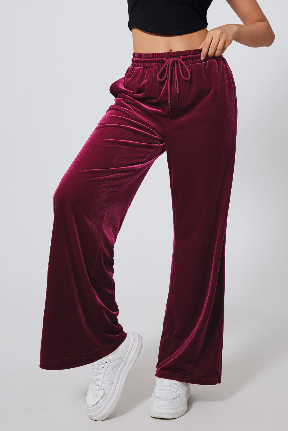 Burgundy Solid Drawstring Waist Wide Leg Pants