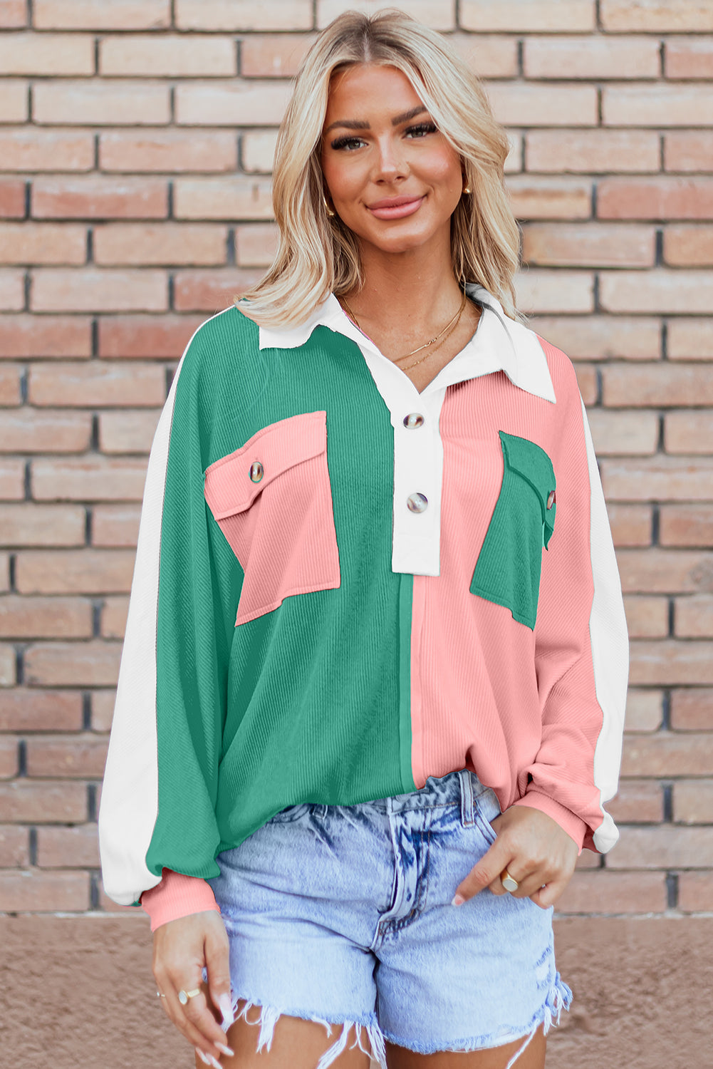 Pink Colorblock Ribbed Collared Oversized Sweatshirt