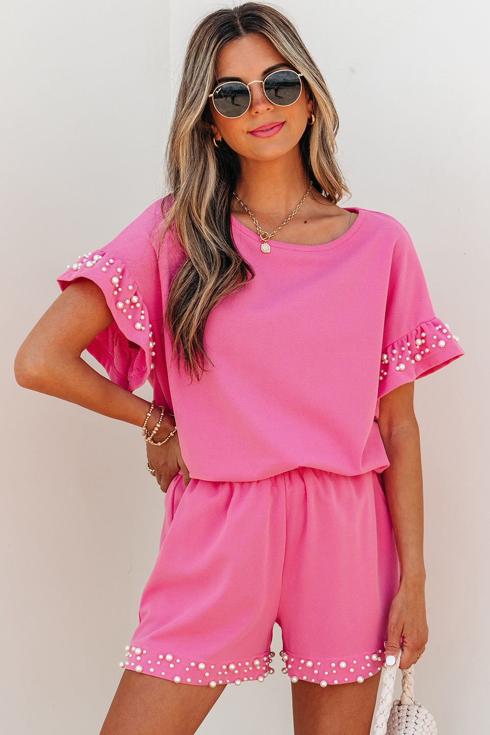 Bright Pink Textured Pearled Ruffle Sleeve Top 2 Piece Shorts Set