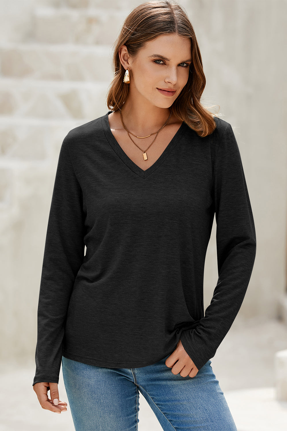 Black Solid Color V Neck Long Sleeve Stretchy Top
