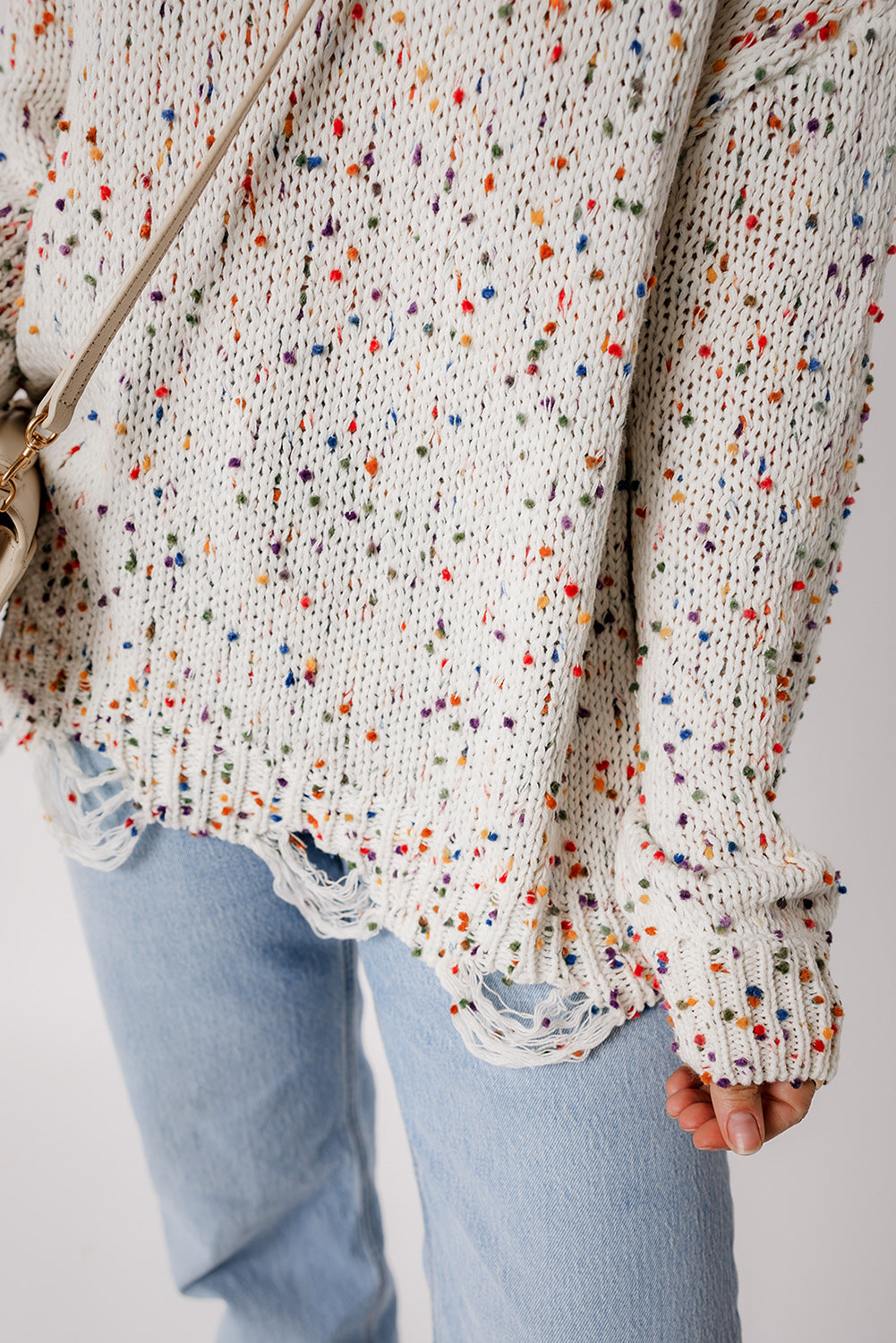 White Colorful Confetti Distressed Knit Sweater