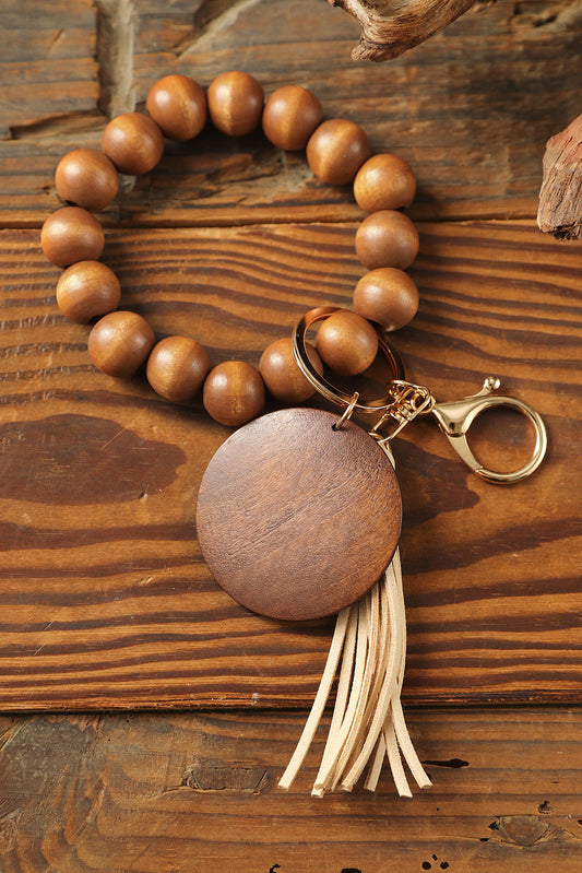 Brown Wood Beads Bracelet Tassel Keyring