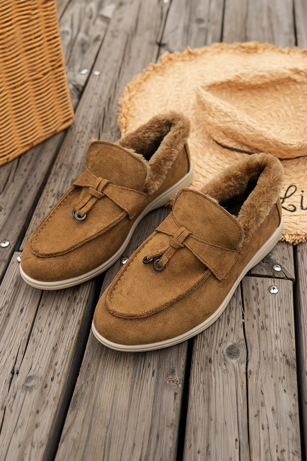 Chestnut Suede Furry Lined Slip on Flat Shoes