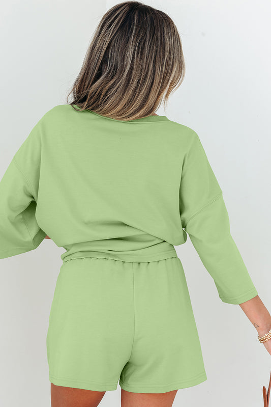 Meadow Mist Green Solid Loose V Neck Half Sleeve Tee and Shorts