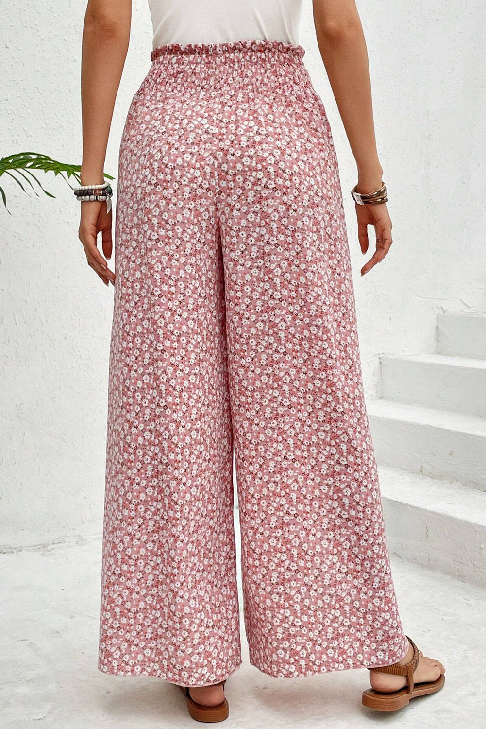 Pink Bohemian Print Slit Wide Leg Smocked High Waist Pants