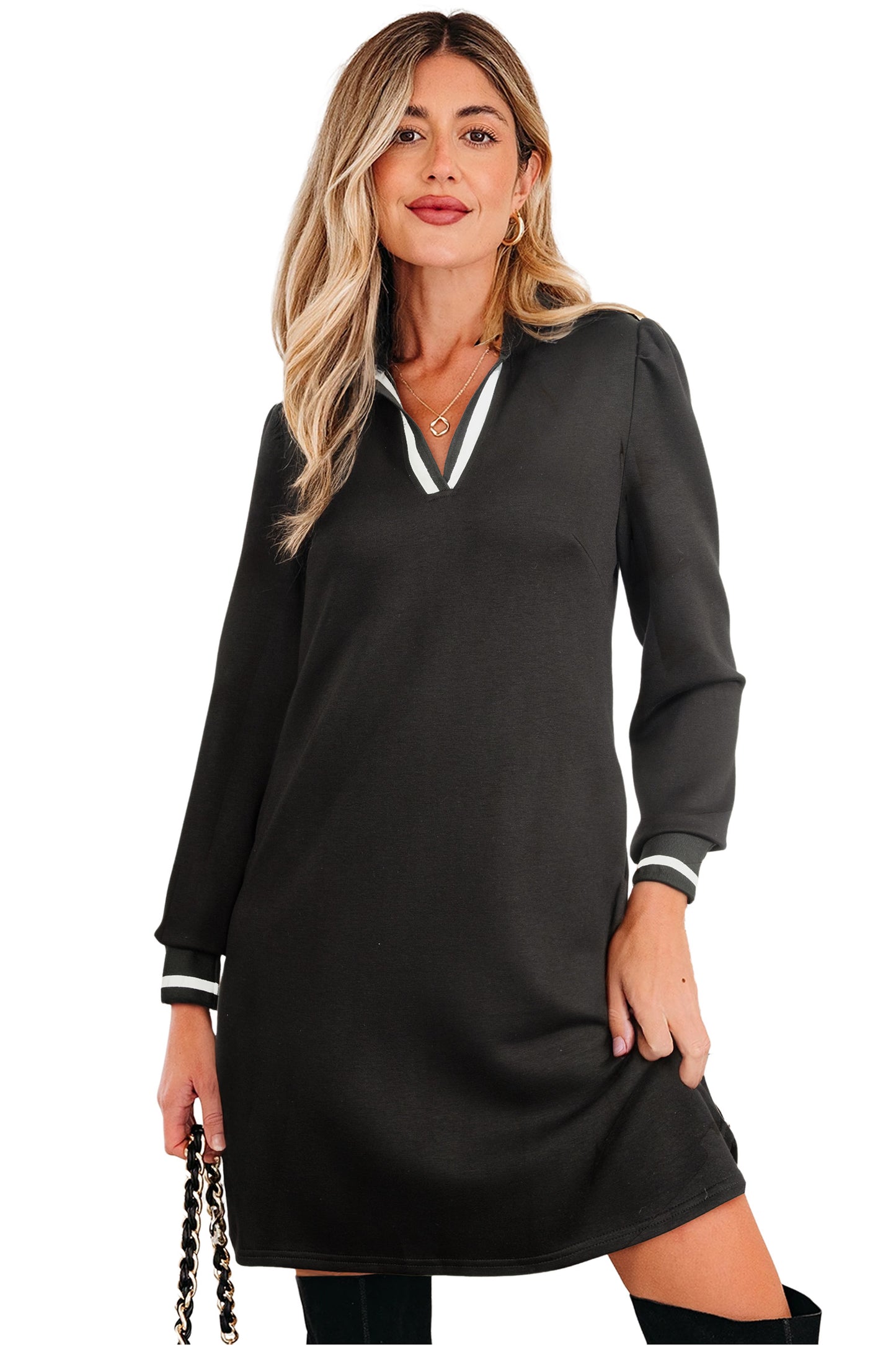 Black Striped Trim V Neck Collared Long Sleeve Shift Mini Dress