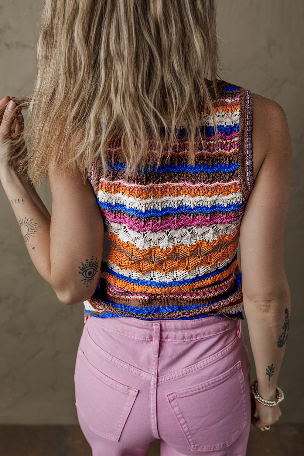 Dark Blue Striped Textured Knit Crew Neck Sweater Vest