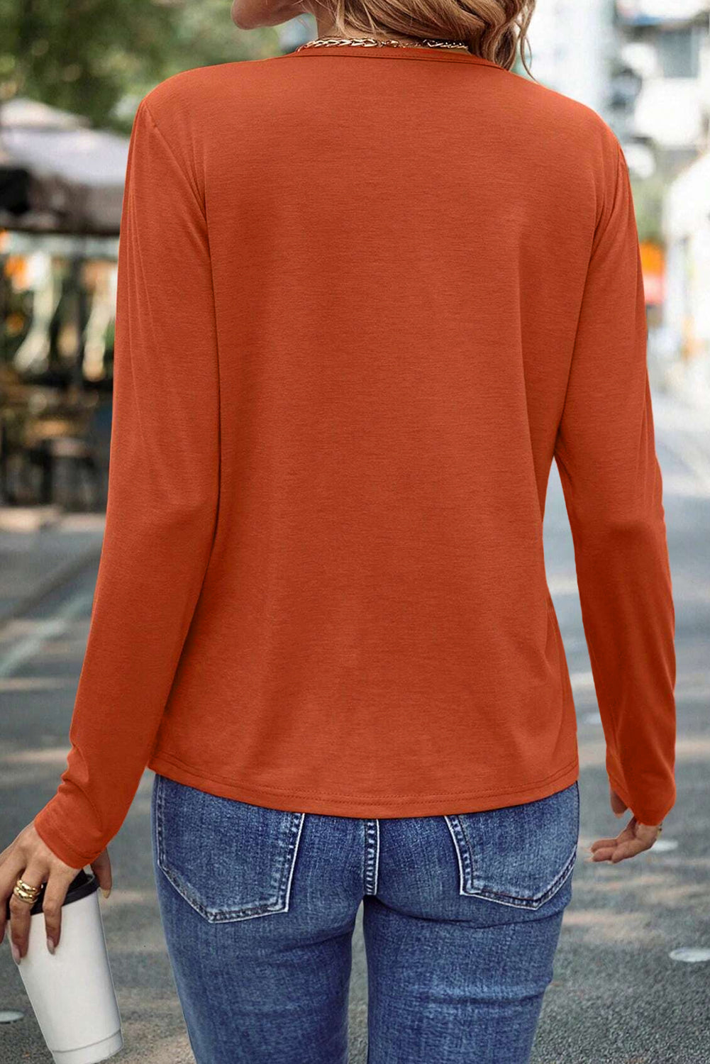 Red Clay  Asymmetric Seam Detail Solid Color Long Sleeve Top