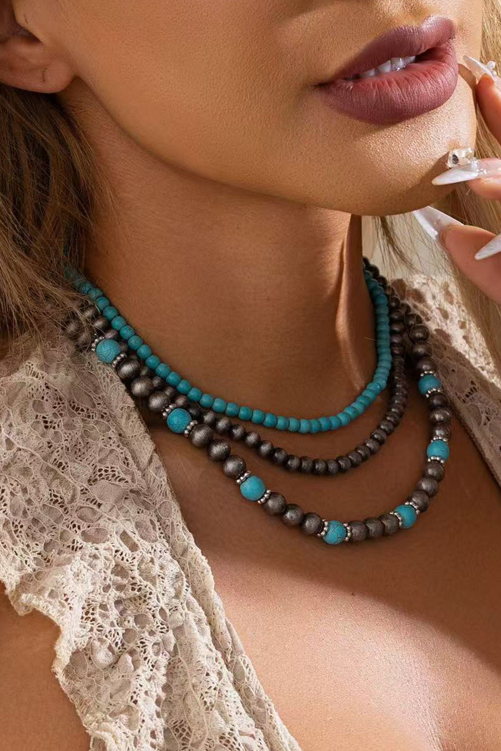 Black 3pcs Turquoise Beading Retro Necklace Set