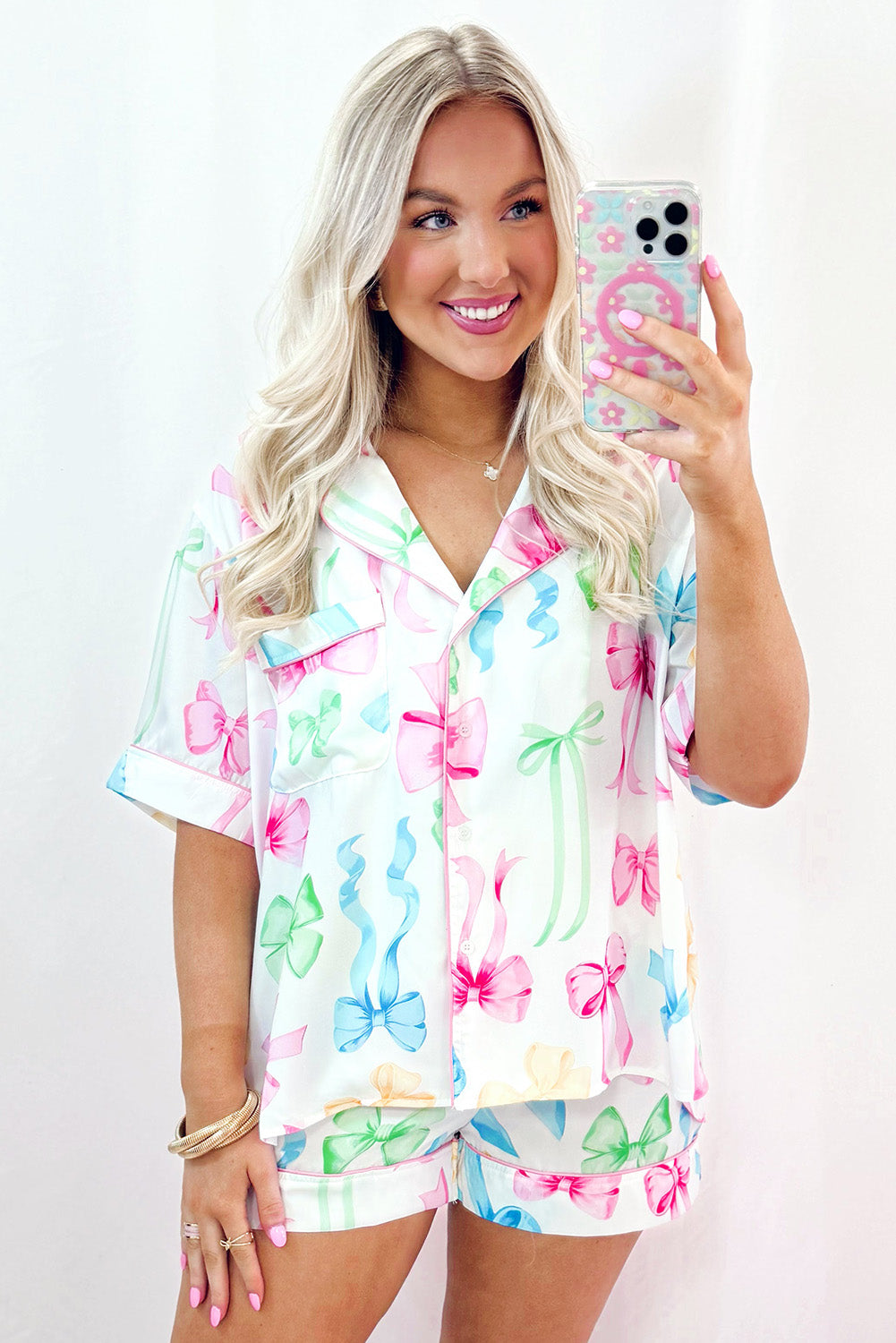 White Bowknot Print Buttoned Shirt High Waist Shorts Pajama Set