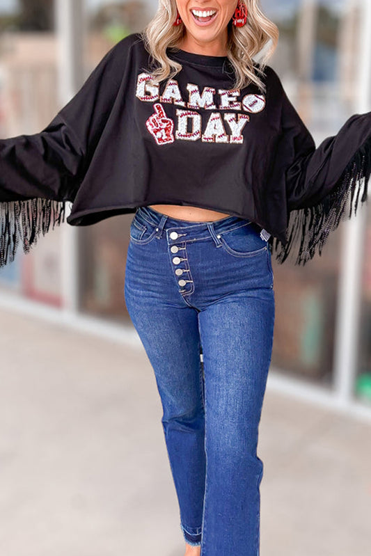 Black GAME DAY Rugby Sequined Tasseled Cropped Sweatshirt