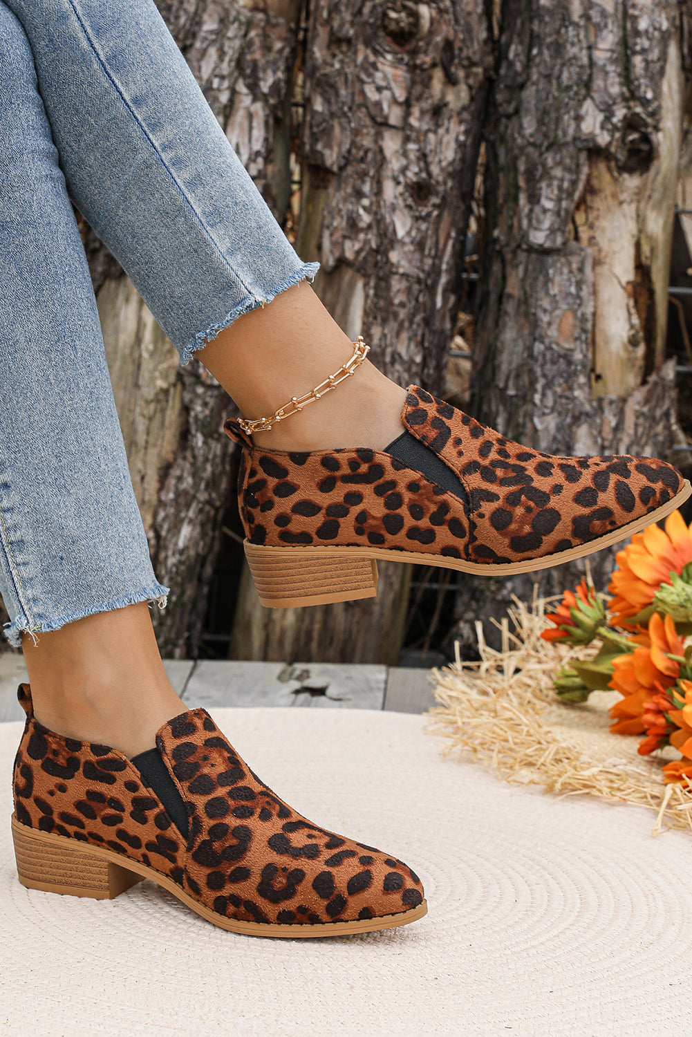 Chestnut Leopard Block Heel Round Toe Ankle Boots