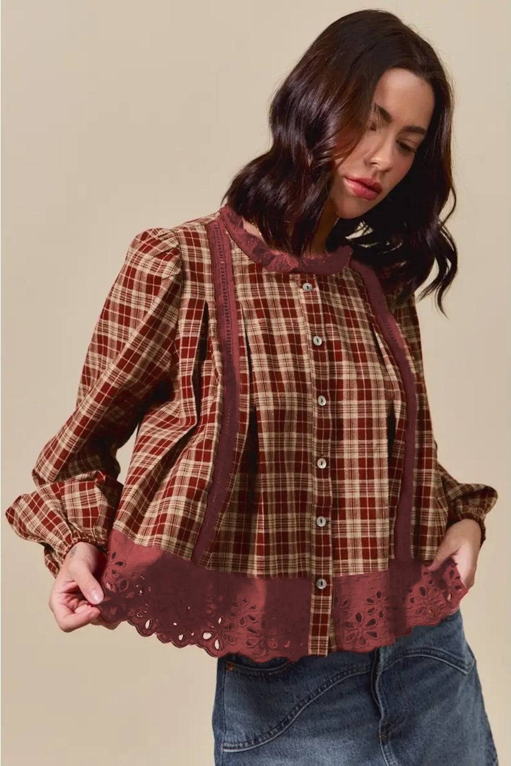 Red Dahlia Plaid Eyelet Lace Trim Button Down Loose Long Sleeve Shirt