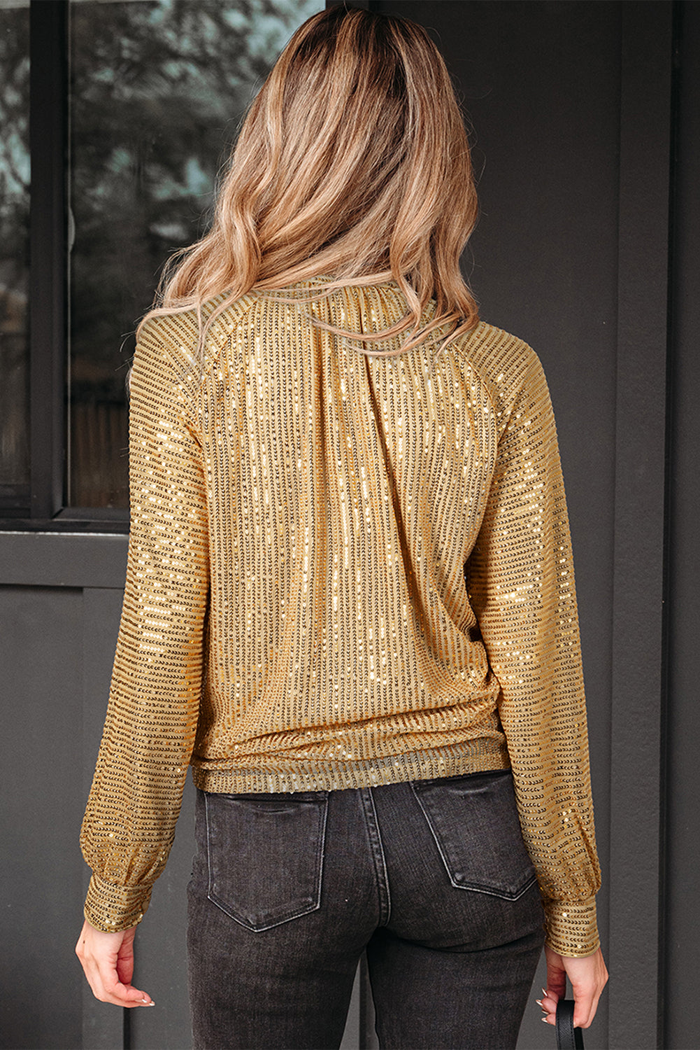 Gold Metallic Balloon Sleeve Buttoned High Neck Loose Blouse