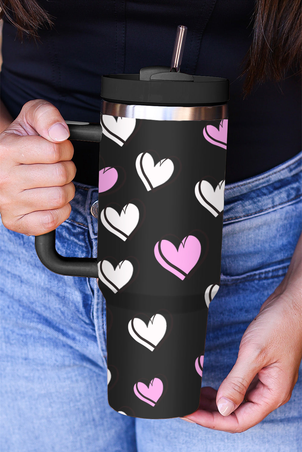 Black Valentines Heart Printed Thermos Cup with Handle 40oz