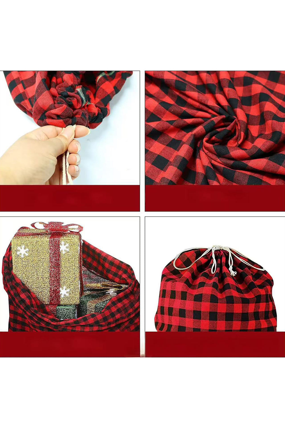 Fiery Red Retro Plaid Reusable Christmas Gift Bag